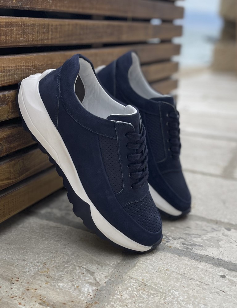 Ανδρικά μπλε δερμάτινα casual Sneakers με λευκή σόλα HG175545B φωτογραφία